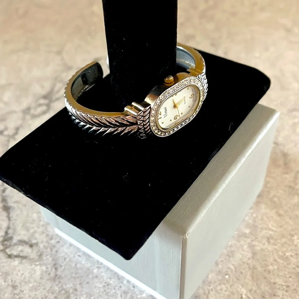 Vintage Bracelet Watch Silver Tone w/Gold Accent and White Crystal